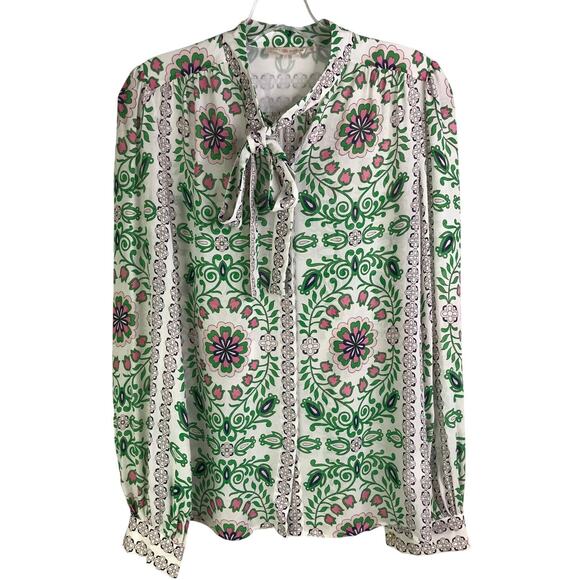 Tory Burch Kia Silk Blouse Wns Sz 0 White Floral Button Down Tie Neck 60's Calif - Picture 1 of 8